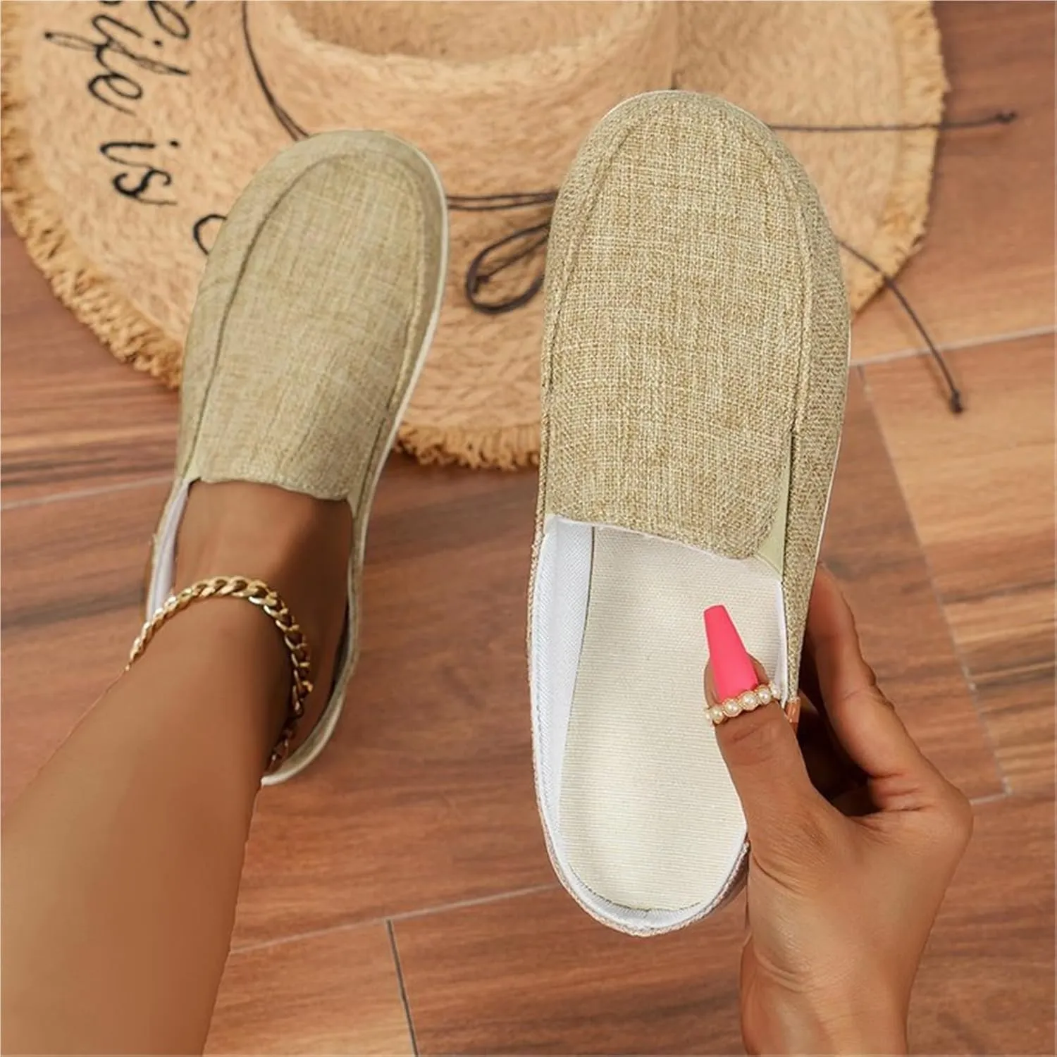 Womens Canvas Flat Mule Shoe, Summer Slip On Breathable Non-Slip Loafer, Memory Foam Lightweight Walking Work Driving Loafer