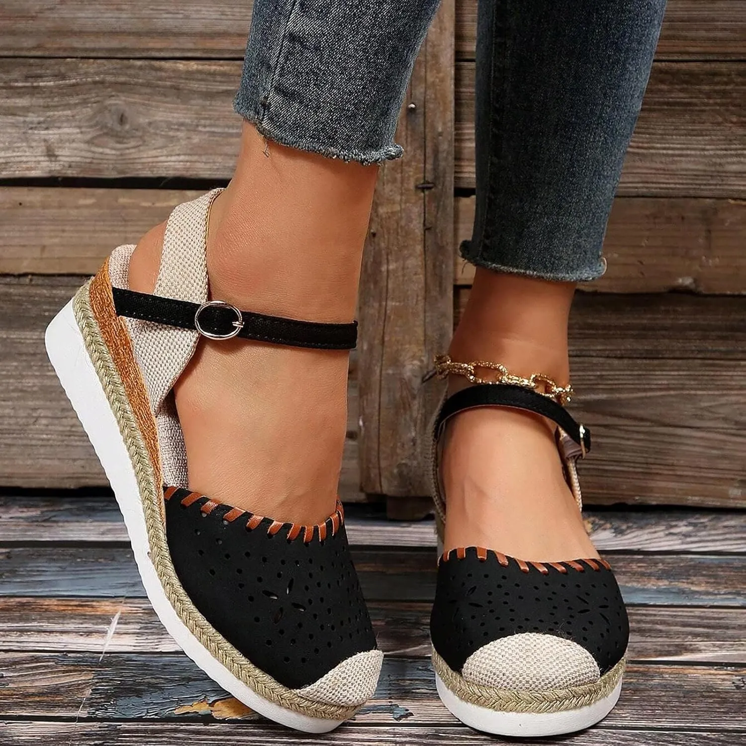 Women's Closed Toe Platform Sandals Fashion Orthopedic Wedge Sandals Casual Hollow Out Arch Support Sandal Comfortable Anti Slip Summer Shoes with Adjustable Buckle Ankle Strap