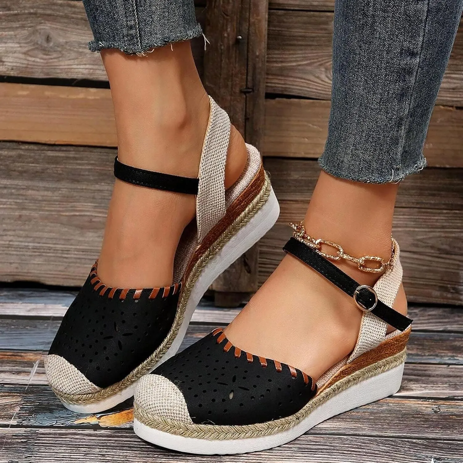Women's Closed Toe Platform Sandals Fashion Orthopedic Wedge Sandals Casual Hollow Out Arch Support Sandal Comfortable Anti Slip Summer Shoes with Adjustable Buckle Ankle Strap