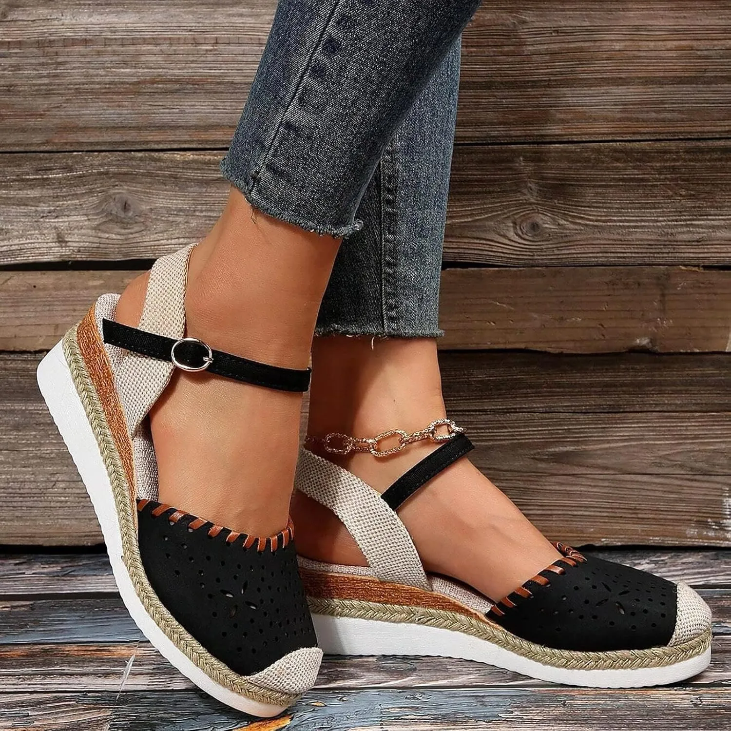 Women's Closed Toe Platform Sandals Fashion Orthopedic Wedge Sandals Casual Hollow Out Arch Support Sandal Comfortable Anti Slip Summer Shoes with Adjustable Buckle Ankle Strap