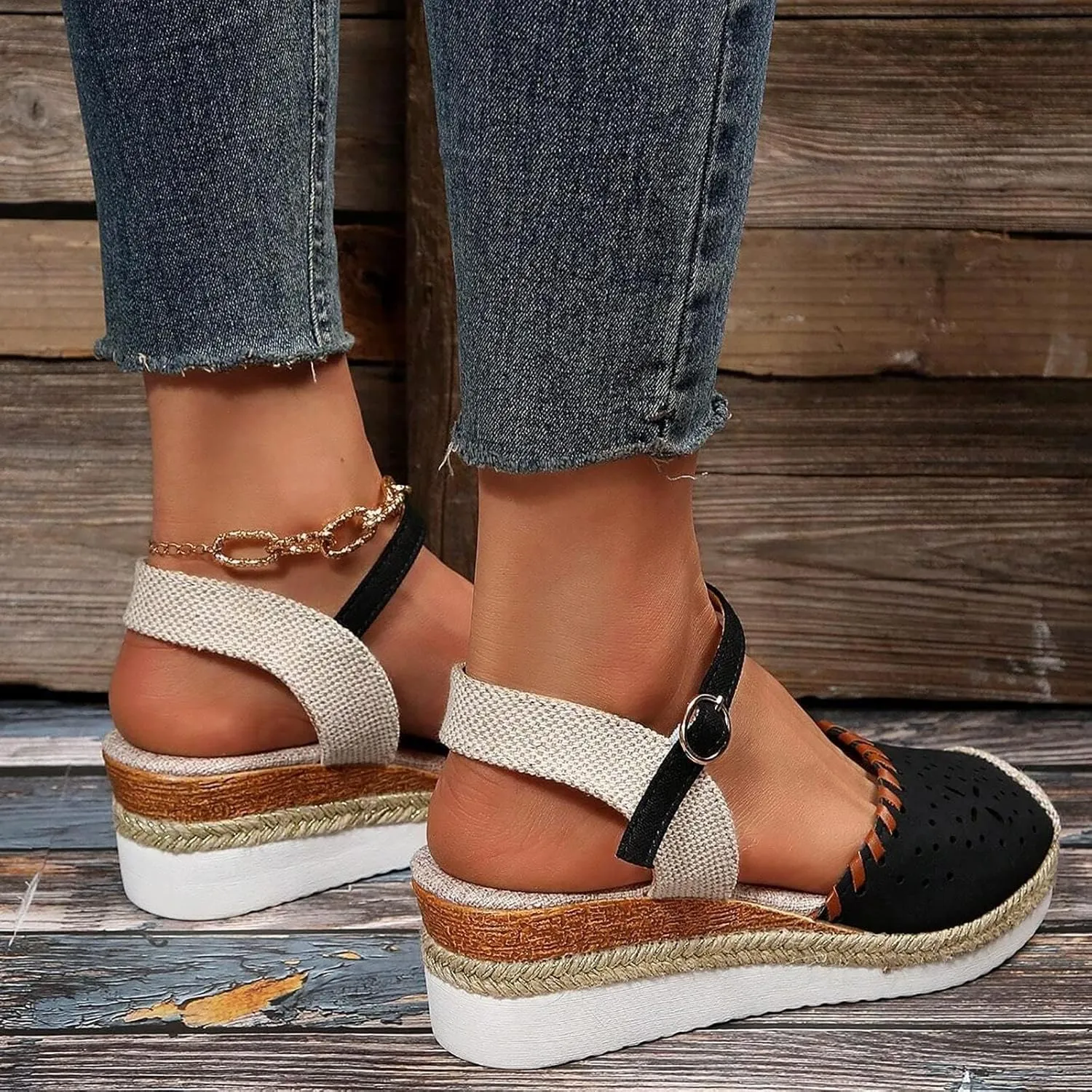 Women's Closed Toe Platform Sandals Fashion Orthopedic Wedge Sandals Casual Hollow Out Arch Support Sandal Comfortable Anti Slip Summer Shoes with Adjustable Buckle Ankle Strap