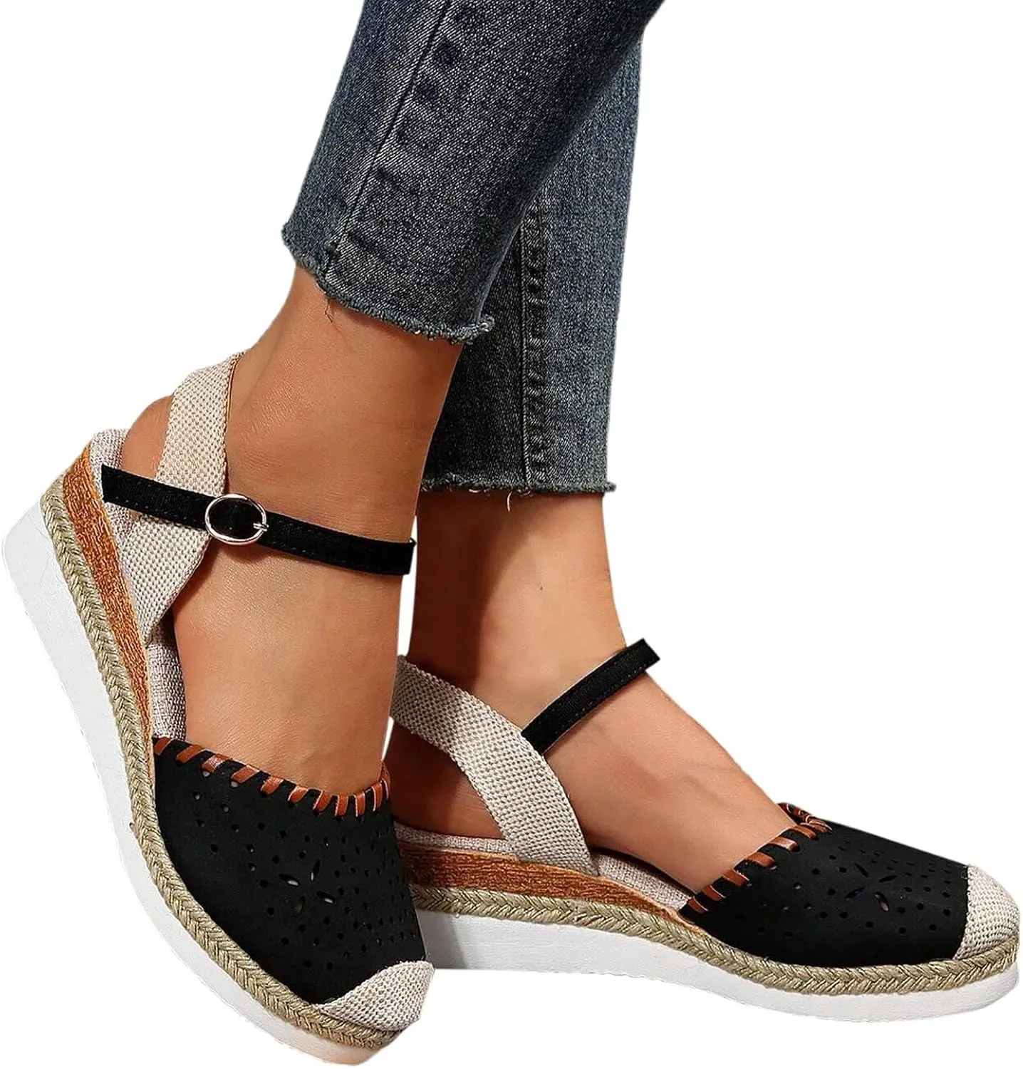 Women's Closed Toe Platform Sandals Fashion Orthopedic Wedge Sandals Casual Hollow Out Arch Support Sandal Comfortable Anti Slip Summer Shoes with Adjustable Buckle Ankle Strap