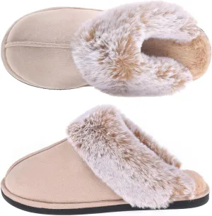 Women's Comfy Faux Fur Scuff Slippers Micro Suede Memory Foam Slip on Fuzzy Slide House Shoes Anti-Skid Sole
