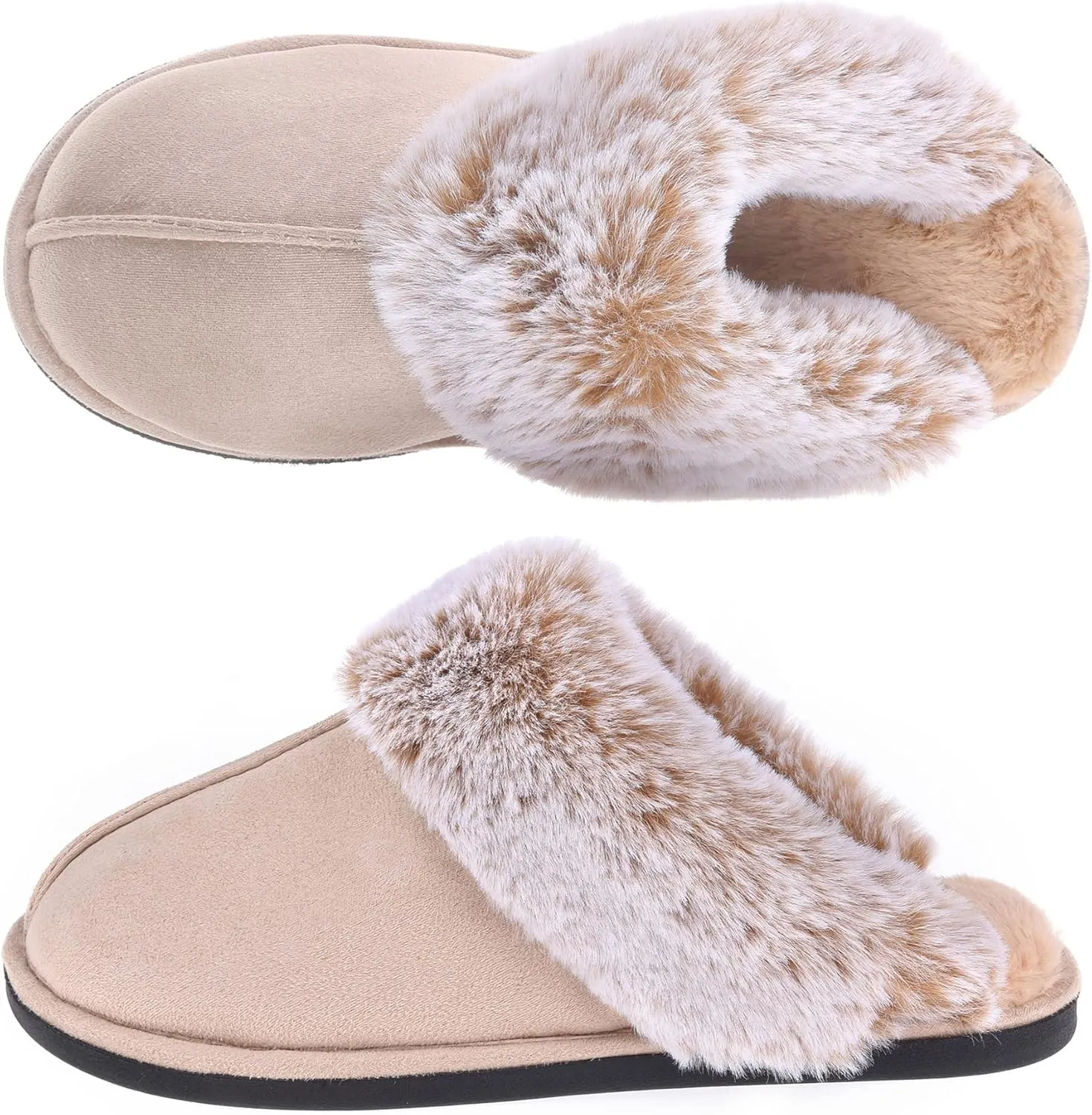 Women's Comfy Faux Fur Scuff Slippers Micro Suede Memory Foam Slip on Fuzzy Slide House Shoes Anti-Skid Sole