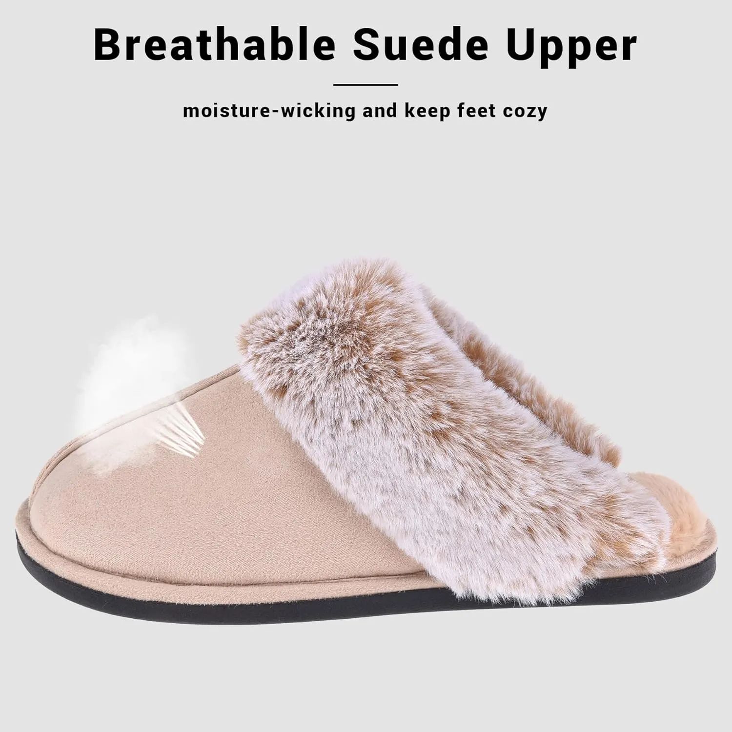 Women's Comfy Faux Fur Scuff Slippers Micro Suede Memory Foam Slip on Fuzzy Slide House Shoes Anti-Skid Sole