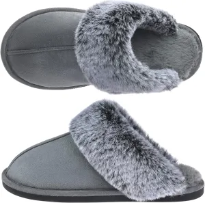 Women's Comfy Faux Fur Scuff Slippers Micro Suede Memory Foam Slip on Fuzzy Slide House Shoes Anti-Skid Sole