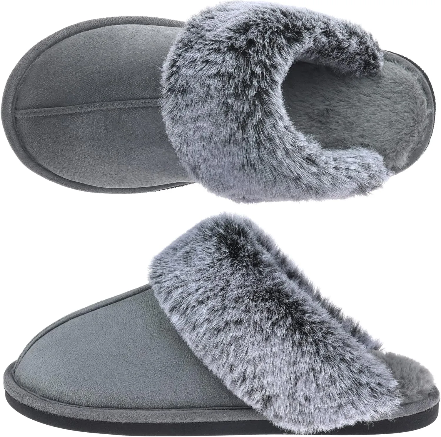 Women's Comfy Faux Fur Scuff Slippers Micro Suede Memory Foam Slip on Fuzzy Slide House Shoes Anti-Skid Sole