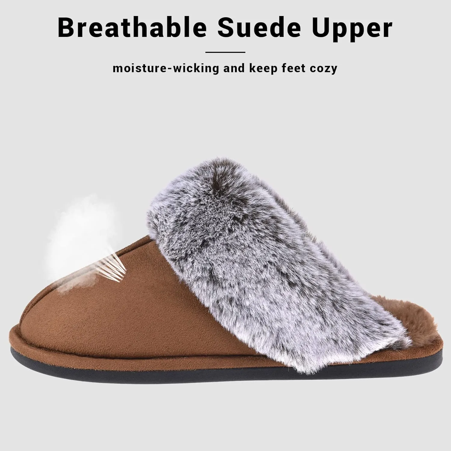 Women's Comfy Faux Fur Scuff Slippers Micro Suede Memory Foam Slip on Fuzzy Slide House Shoes Anti-Skid Sole