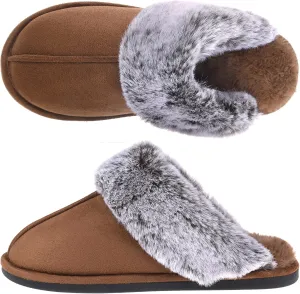 Women's Comfy Faux Fur Scuff Slippers Micro Suede Memory Foam Slip on Fuzzy Slide House Shoes Anti-Skid Sole