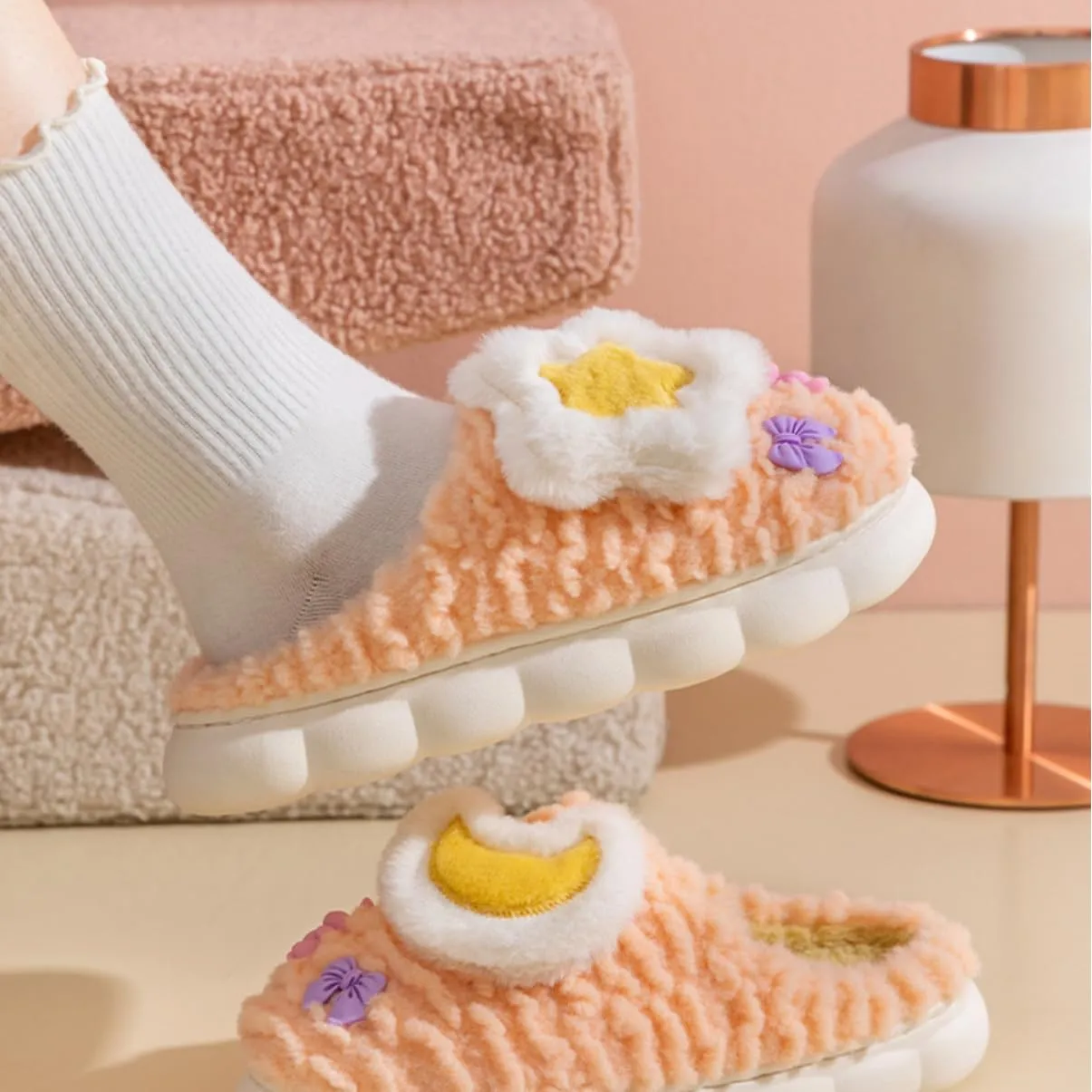 Women's Cute Star Moon Slippers with Bow Plush Cozy Warm Indoor House Shoes for Winter