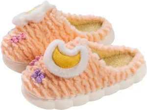 Women's Cute Star Moon Slippers with Bow Plush Cozy Warm Indoor House Shoes for Winter
