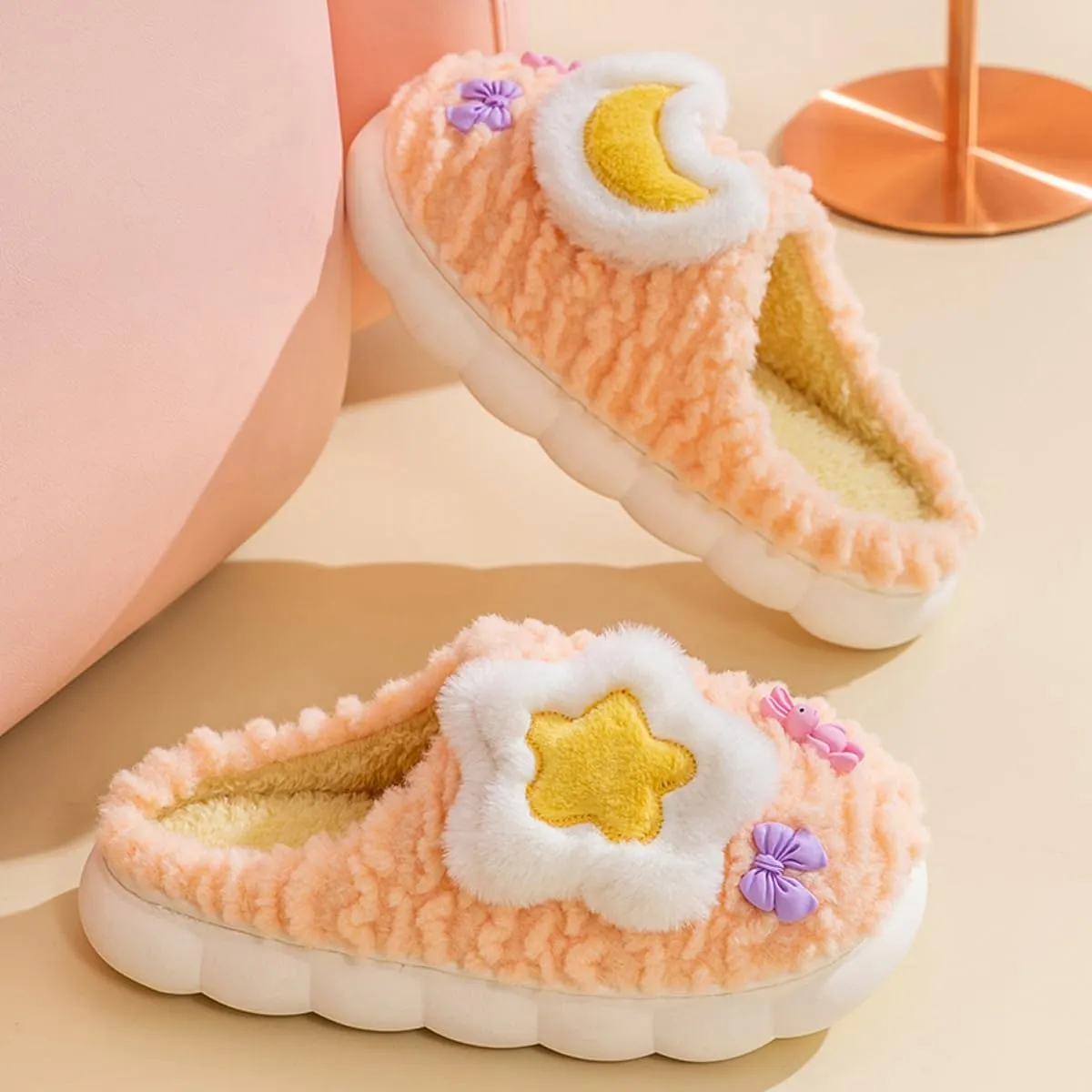 Women's Cute Star Moon Slippers with Bow Plush Cozy Warm Indoor House Shoes for Winter