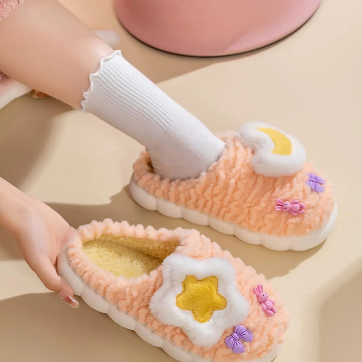Women's Cute Star Moon Slippers with Bow Plush Cozy Warm Indoor House Shoes for Winter