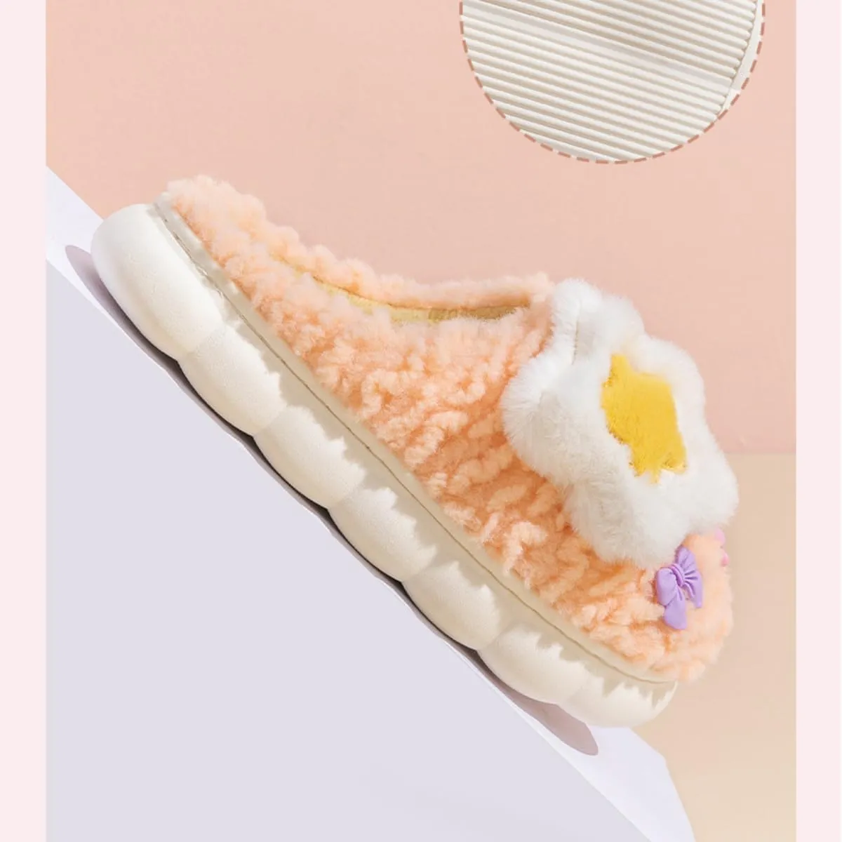 Women's Cute Star Moon Slippers with Bow Plush Cozy Warm Indoor House Shoes for Winter