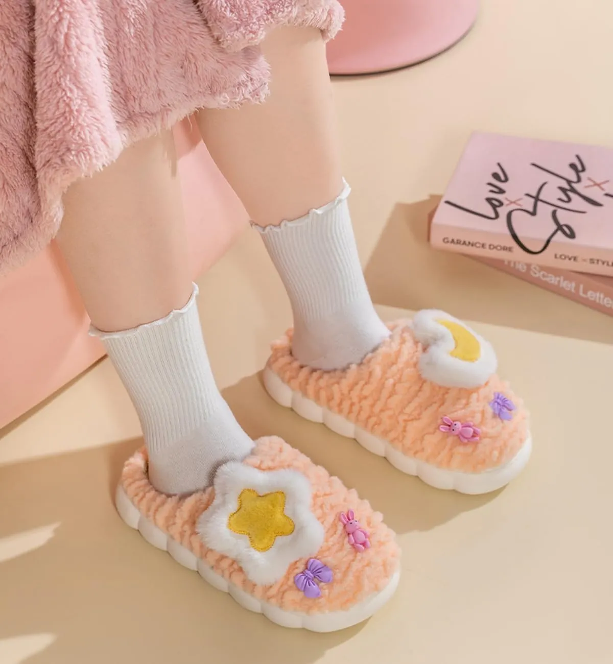 Women's Cute Star Moon Slippers with Bow Plush Cozy Warm Indoor House Shoes for Winter