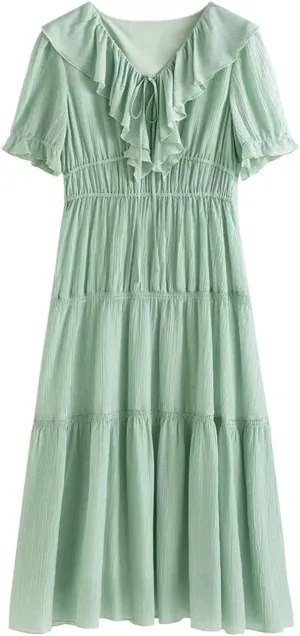 Womens Dresses Romantic Lotus Leaf Collar Lyocell Slim Fit Casual Long Dress