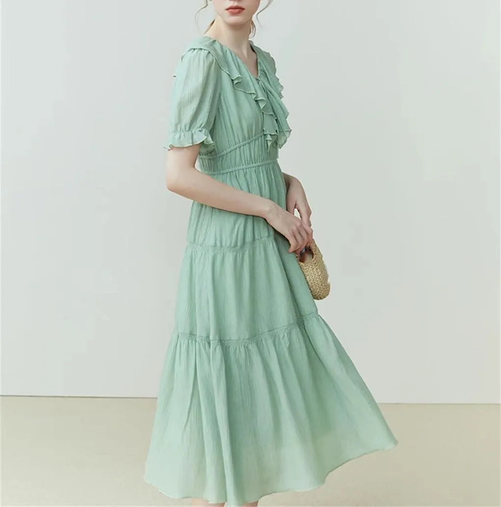 Womens Dresses Romantic Lotus Leaf Collar Lyocell Slim Fit Casual Long Dress