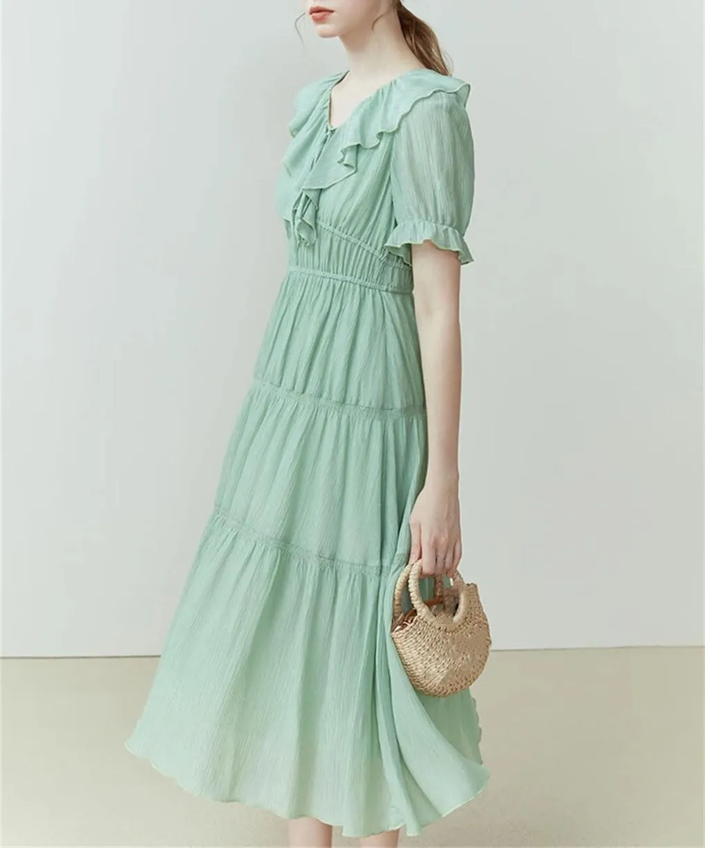Womens Dresses Romantic Lotus Leaf Collar Lyocell Slim Fit Casual Long Dress