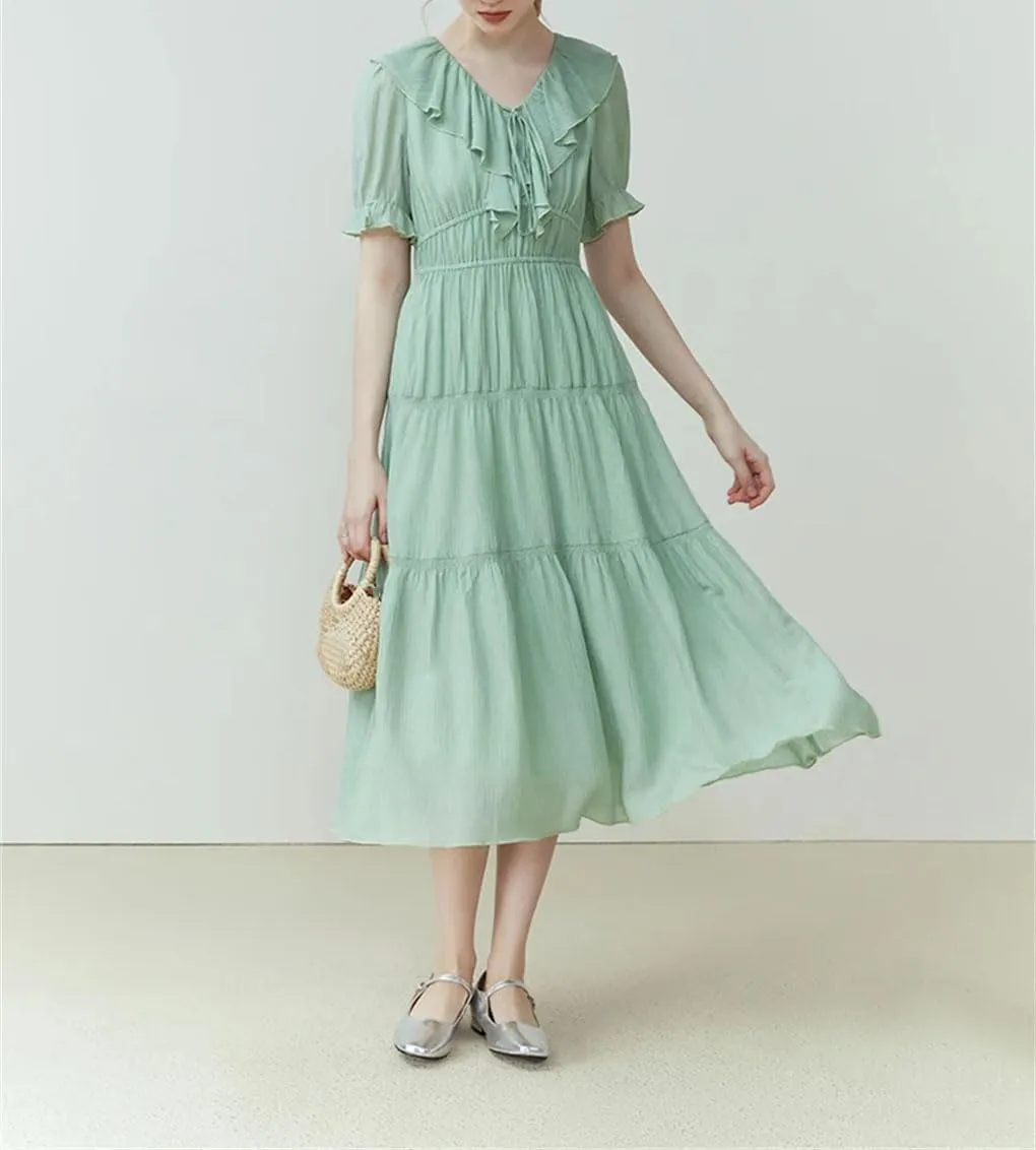 Womens Dresses Romantic Lotus Leaf Collar Lyocell Slim Fit Casual Long Dress