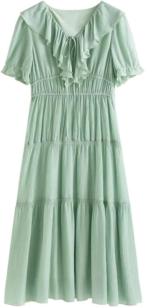 Womens Dresses Romantic Lotus Leaf Collar Lyocell Slim Fit Casual Long Dress