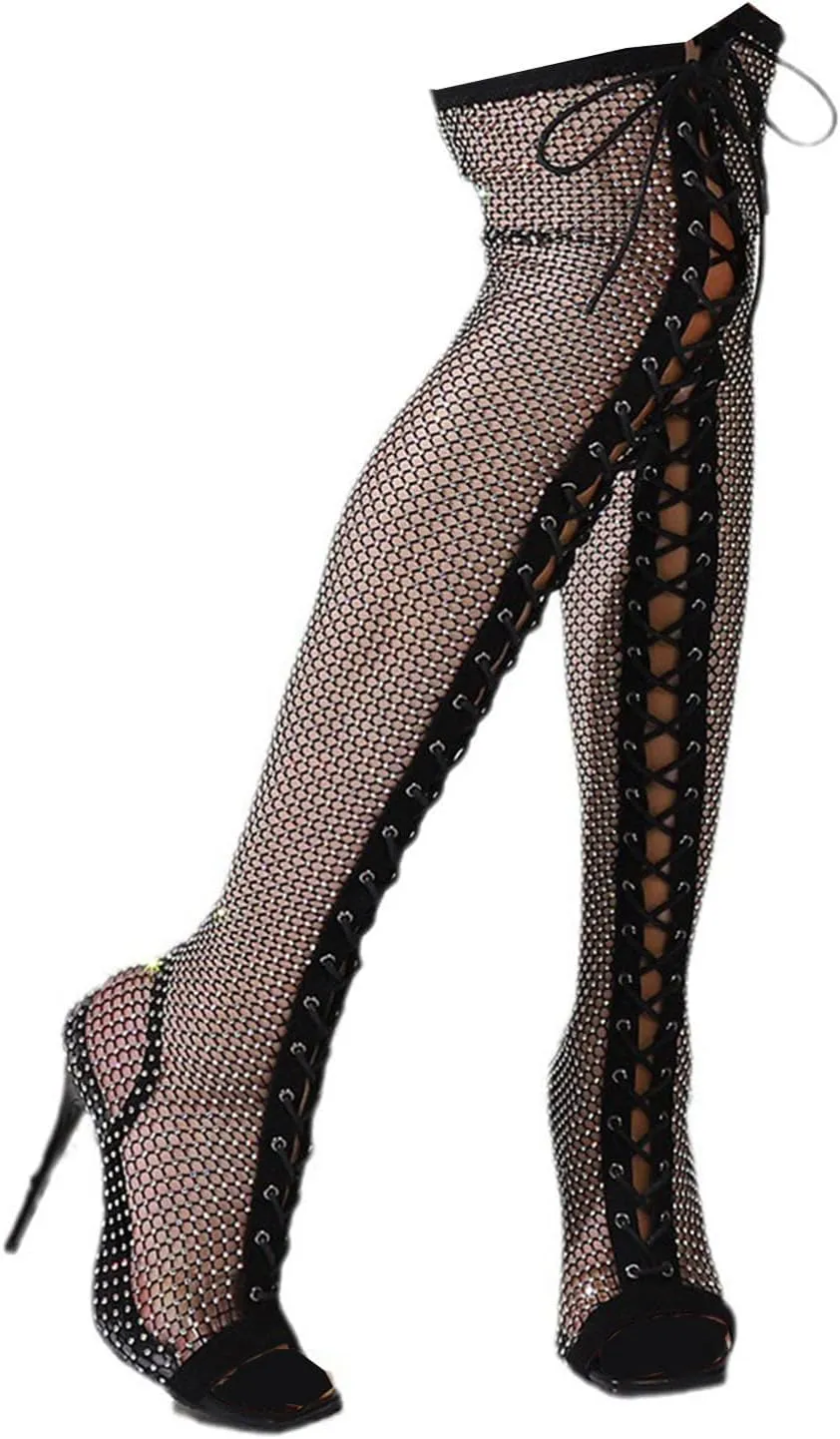 Women's Fishing Net Open Toe Nightclub Party High Heel Shoes Personalized Strap Slim Heel Boots Sandals