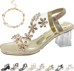 Women's Flower Rhinestone Block Heel Sandals, Clear Block Heel Sandals, Rhinestone Decor Chunky Heeled Slingback Sandals