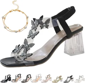 Women's Flower Rhinestone Block Heel Sandals, Clear Block Heel Sandals, Rhinestone Decor Chunky Heeled Slingback Sandals