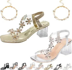 Women's Flower Rhinestone Block Heel Sandals, Clear Block Heel Sandals, Rhinestone Decor Chunky Heeled Slingback Sandals