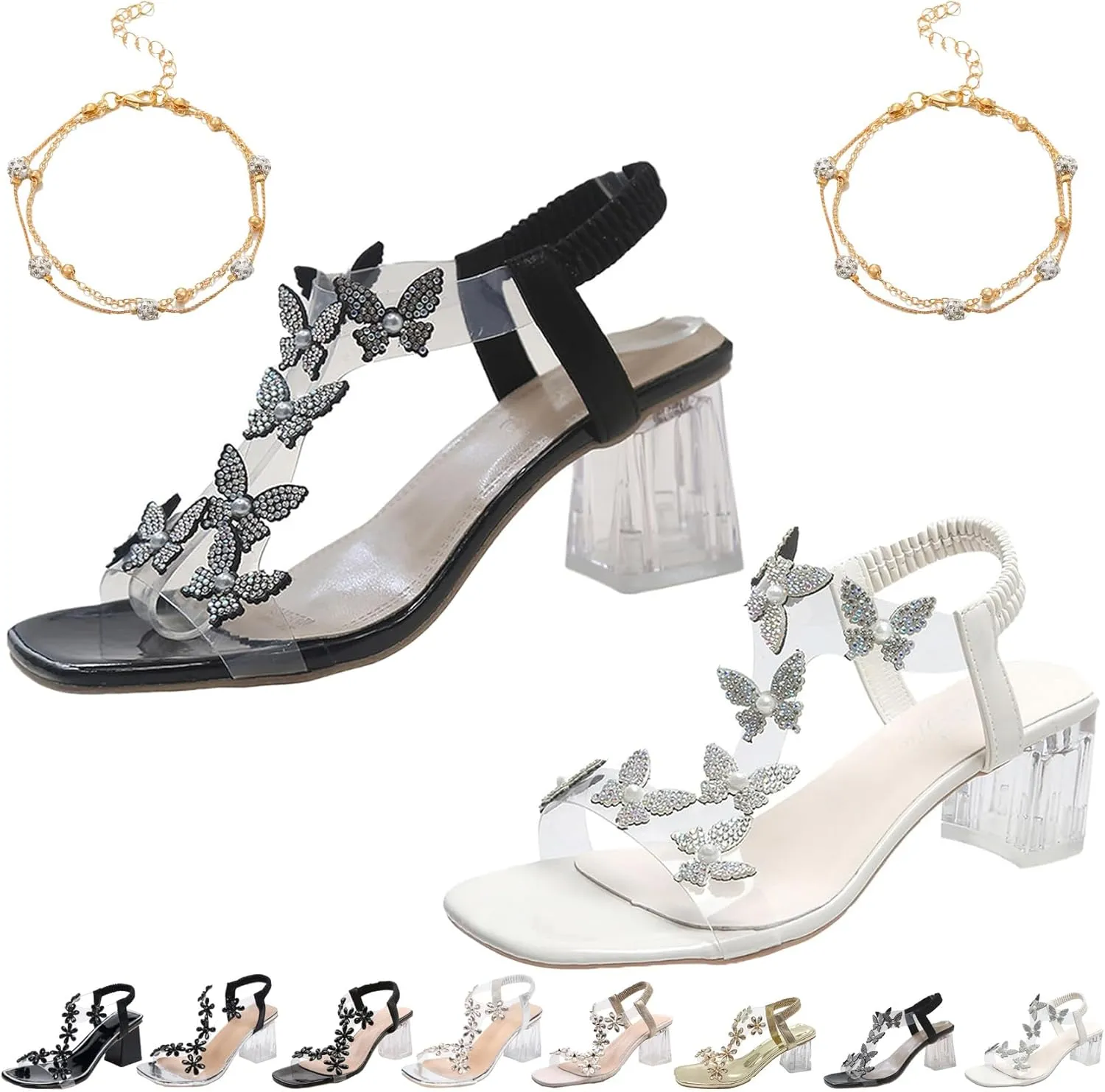 Women's Flower Rhinestone Block Heel Sandals, Clear Block Heel Sandals, Rhinestone Decor Chunky Heeled Slingback Sandals