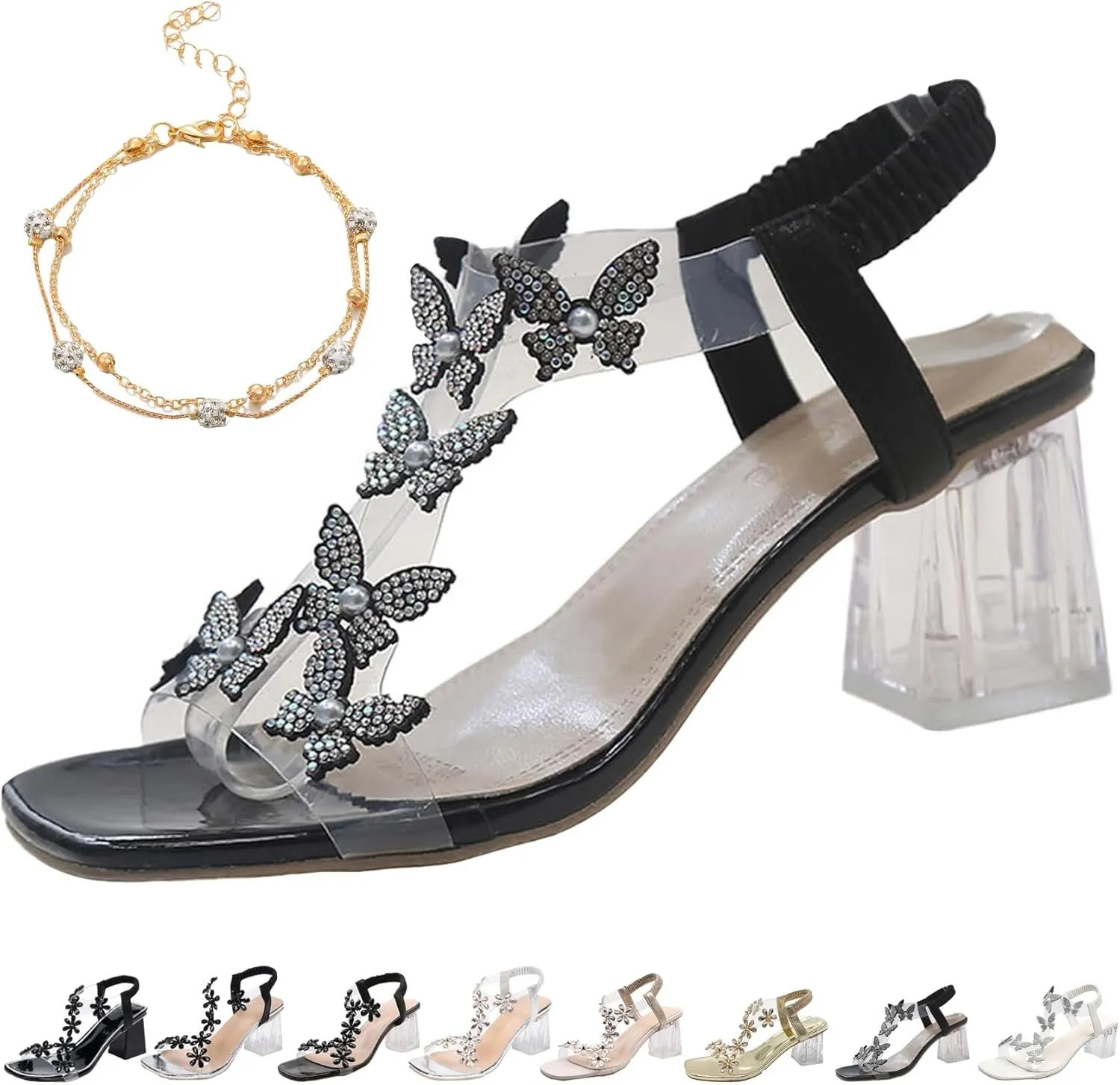 Women's Flower Rhinestone Block Heel Sandals, Clear Block Heel Sandals, Rhinestone Decor Chunky Heeled Slingback Sandals