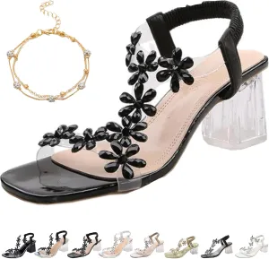Women's Flower Rhinestone Block Heel Sandals, Clear Block Heel Sandals, Rhinestone Decor Chunky Heeled Slingback Sandals