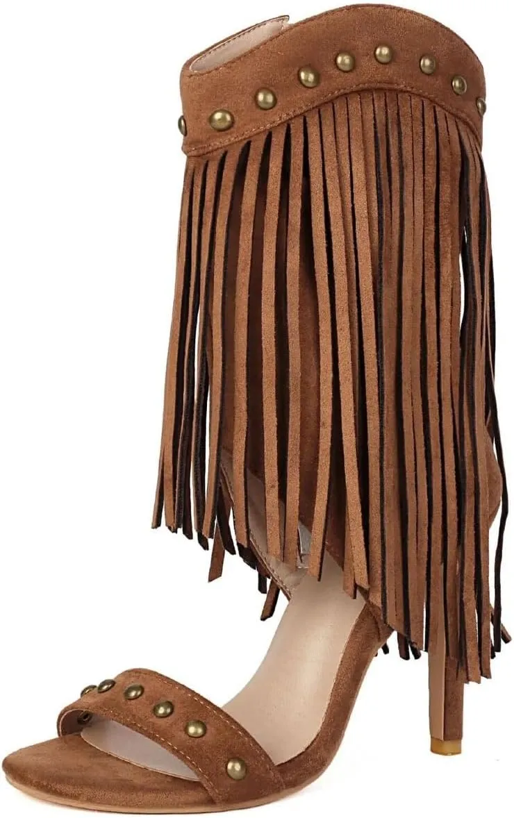 Women's Fringed High Heels Side Zipper Ankle Sandal Boots Studded Heeled Sandals