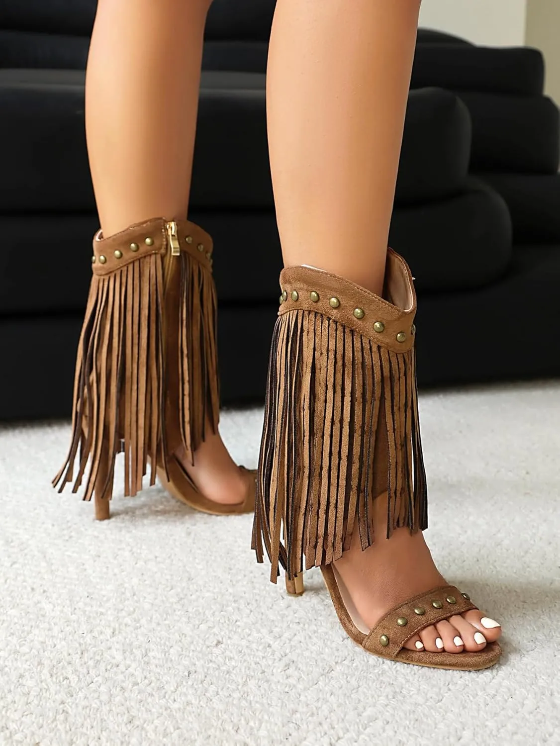 Women's Fringed High Heels Side Zipper Ankle Sandal Boots Studded Heeled Sandals
