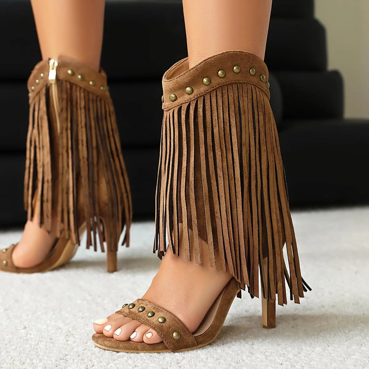 Women's Fringed High Heels Side Zipper Ankle Sandal Boots Studded Heeled Sandals