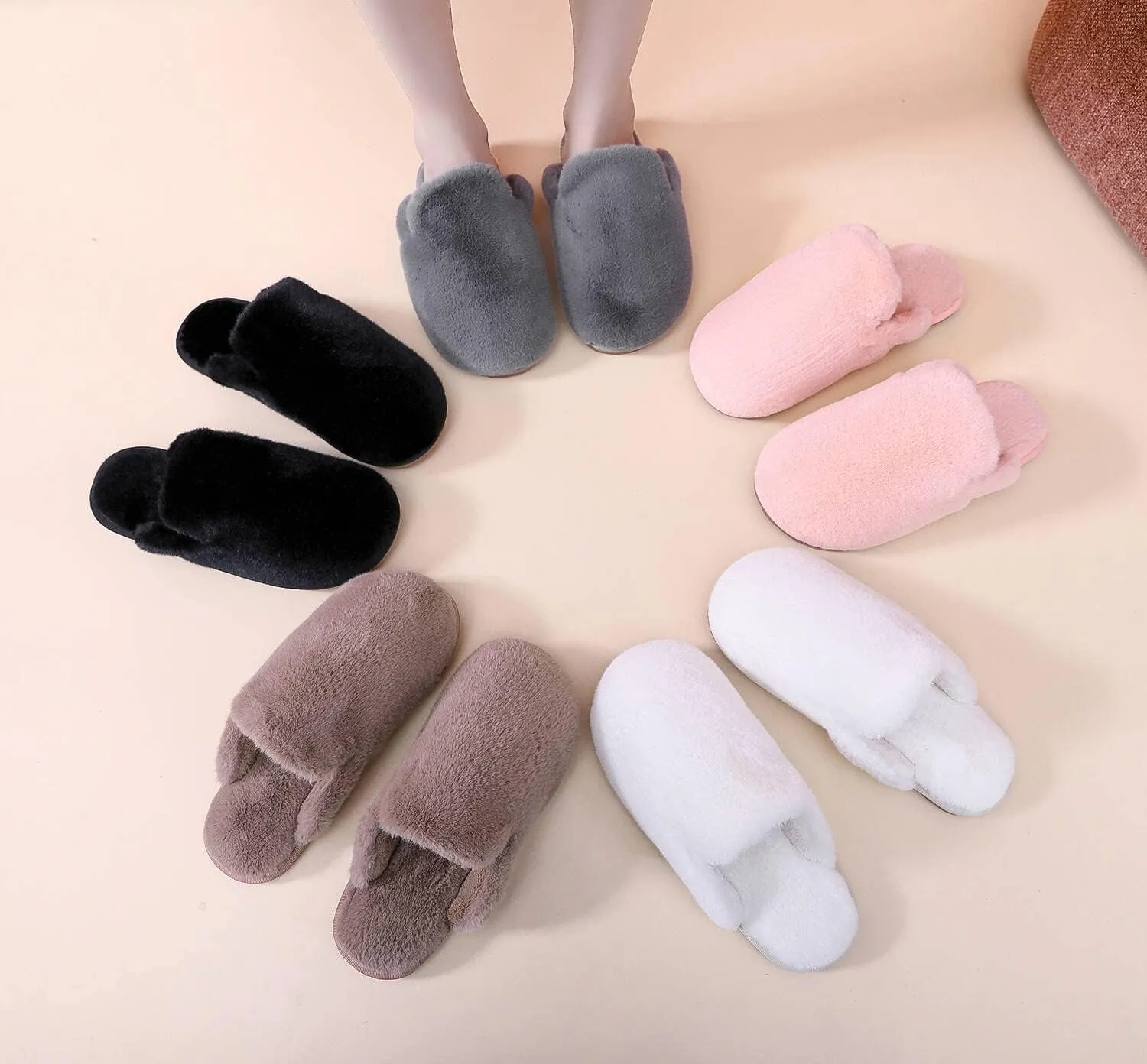 Women's Fuzzy House Memory Foam Slippers Fluffy Furry Fur Slippers Scuff Outdoor Indoor Warm Cozy Plush Bedroom Shoes Soft Flat Comfy Anti-Slip