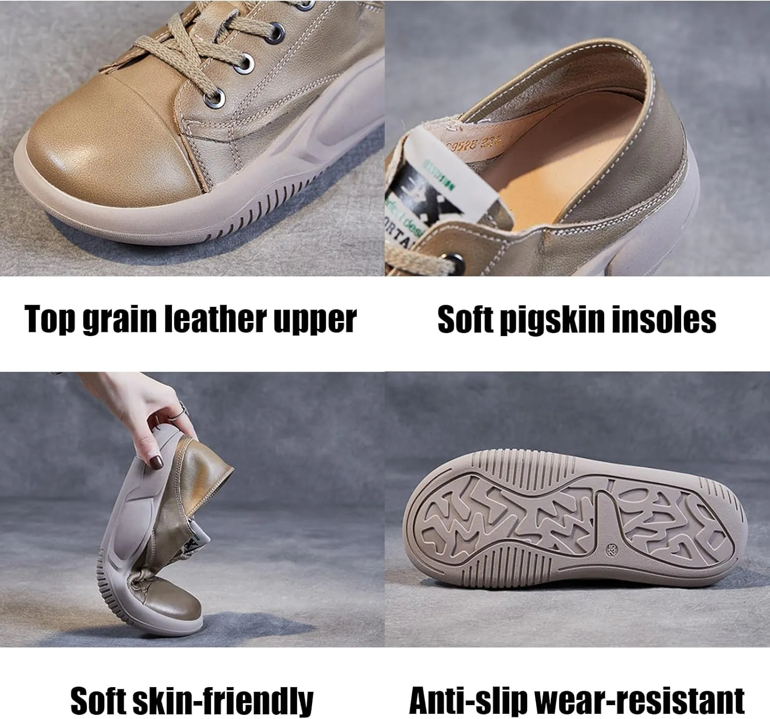 Women's Genuine Leather Platform Soft Sole Fashion Sneaker Retro Round-Toe Lace Up Lightweight Comfort Casual Walking Shoes