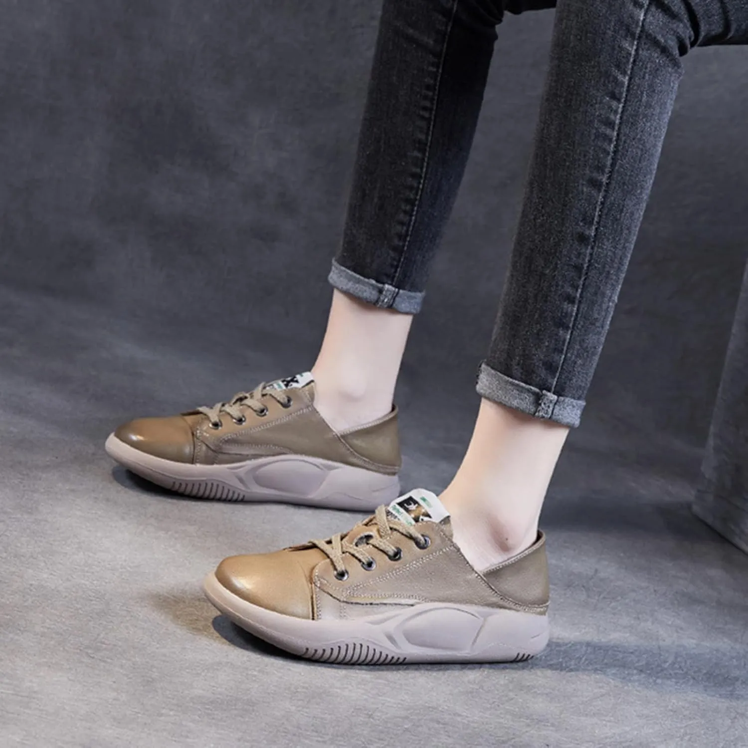 Women's Genuine Leather Platform Soft Sole Fashion Sneaker Retro Round-Toe Lace Up Lightweight Comfort Casual Walking Shoes