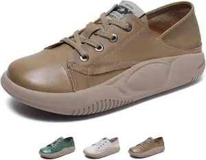 Women's Genuine Leather Platform Soft Sole Fashion Sneaker Retro Round-Toe Lace Up Lightweight Comfort Casual Walking Shoes