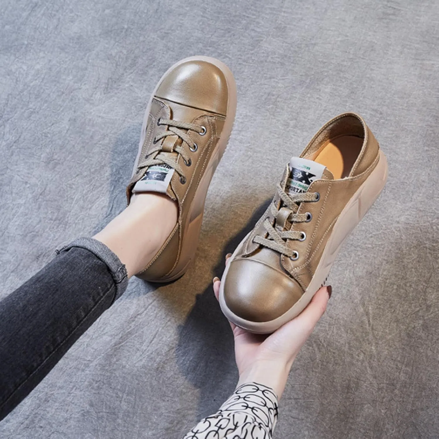 Women's Genuine Leather Platform Soft Sole Fashion Sneaker Retro Round-Toe Lace Up Lightweight Comfort Casual Walking Shoes