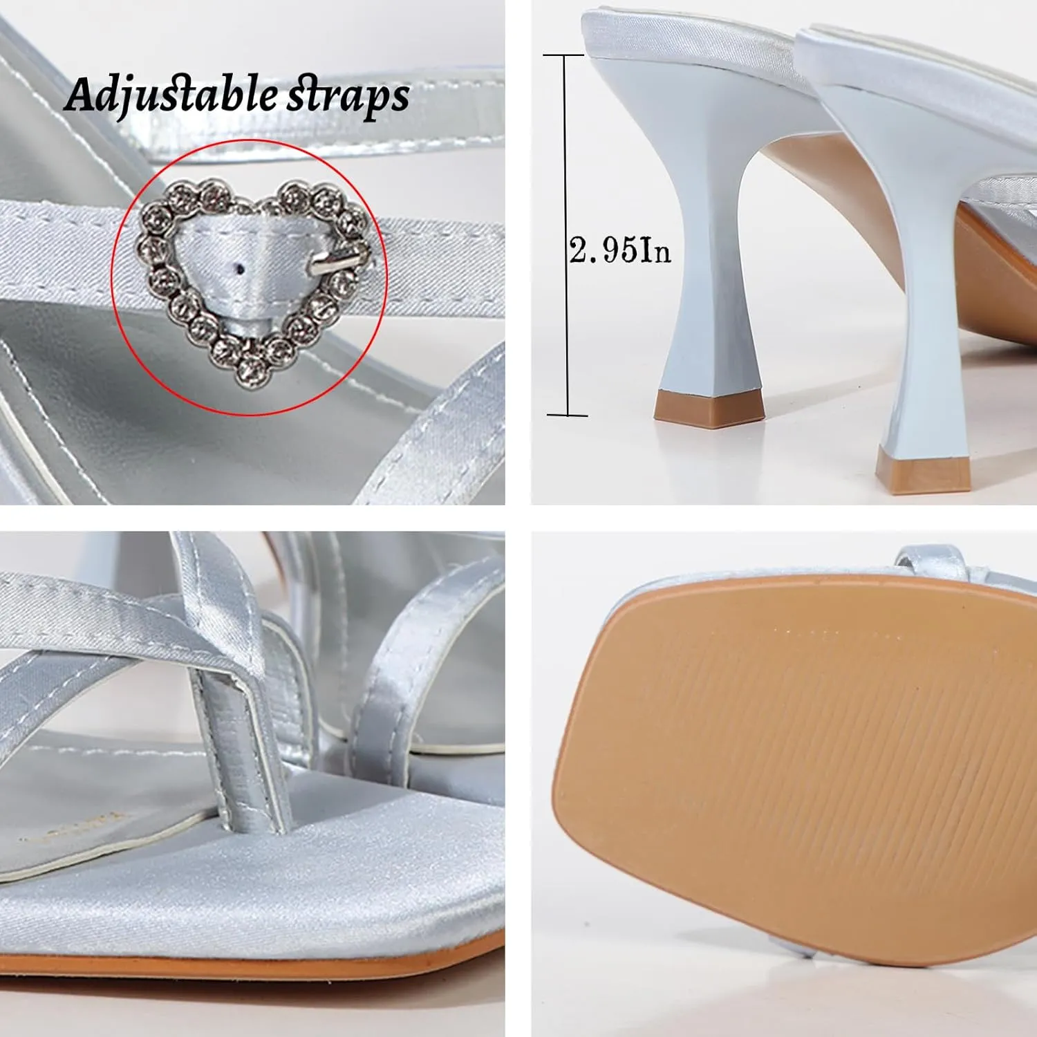 Women's Heart Shaped Buckle Thong Stiletto Sandals Fashion Slip On Square Open Toe Kitten Heel Flip Flops Summer T Strap High Heel Dressy Slide Shoes