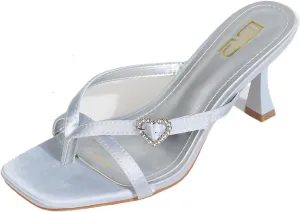 Women's Heart Shaped Buckle Thong Stiletto Sandals Fashion Slip On Square Open Toe Kitten Heel Flip Flops Summer T Strap High Heel Dressy Slide Shoes