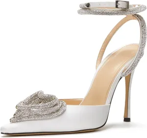Women's Heeled Sandals Pointed Toe Crystal Heart Glitter Pumps Rhinestones Embellished Ankle Strap Slip-On Stilettos Wedding Party Dress Shoes