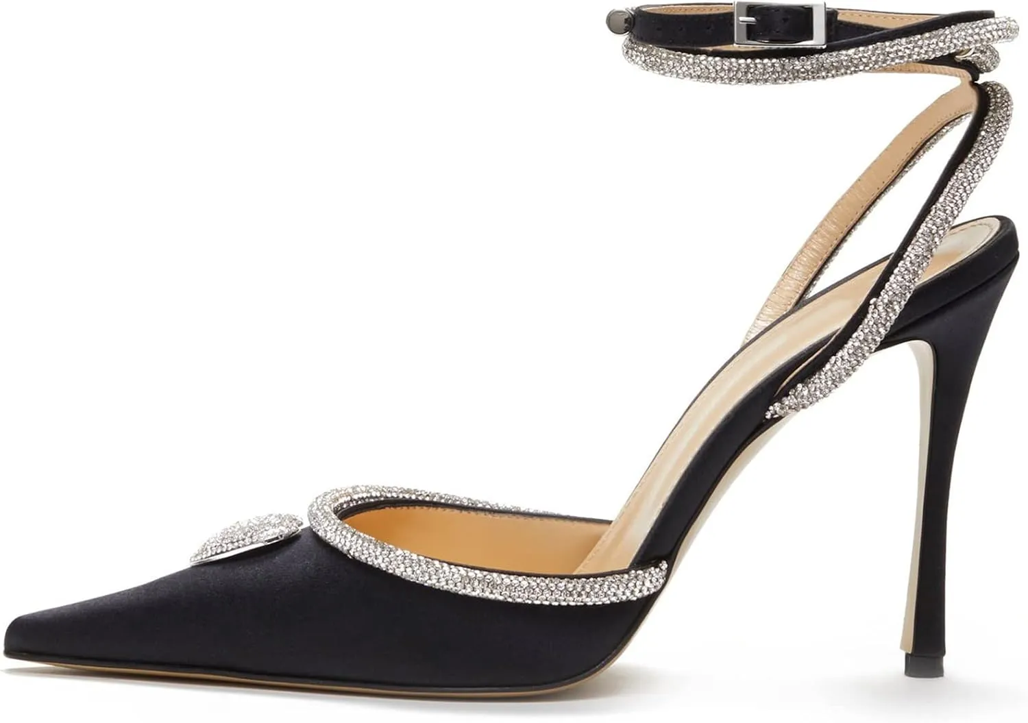 Women's Heeled Sandals Pointed Toe Crystal Heart Glitter Pumps Rhinestones Embellished Ankle Strap Slip-On Stilettos Wedding Party Dress Shoes