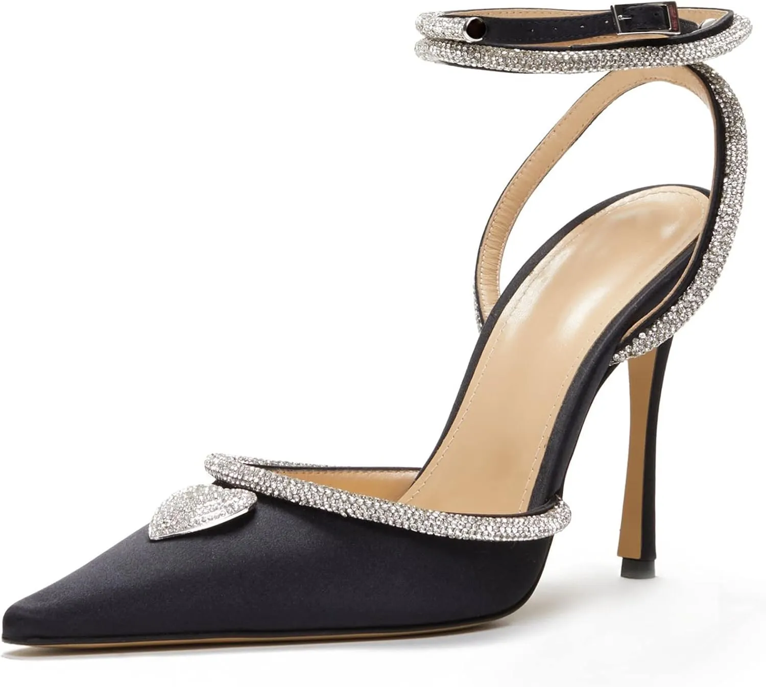 Women's Heeled Sandals Pointed Toe Crystal Heart Glitter Pumps Rhinestones Embellished Ankle Strap Slip-On Stilettos Wedding Party Dress Shoes