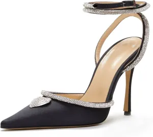 Women's Heeled Sandals Pointed Toe Crystal Heart Glitter Pumps Rhinestones Embellished Ankle Strap Slip-On Stilettos Wedding Party Dress Shoes