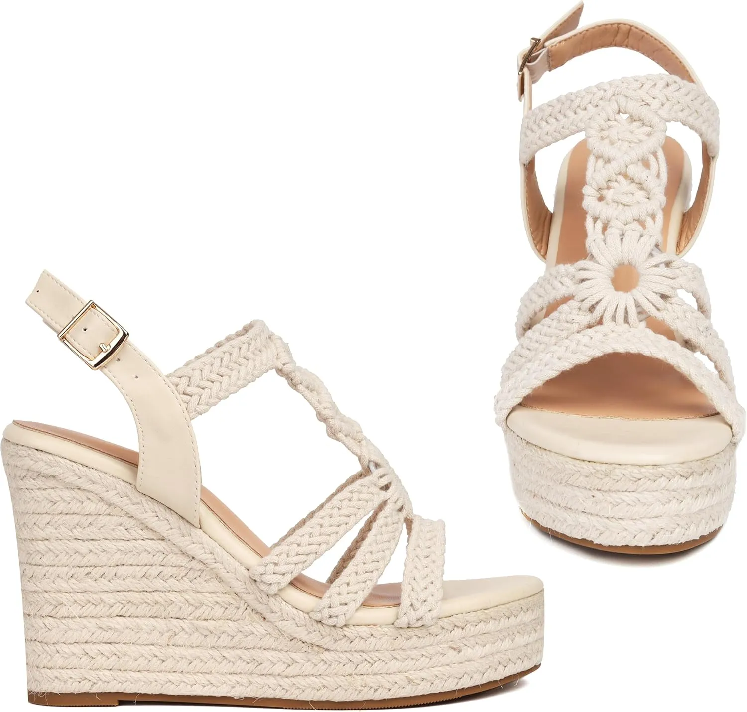 Women's High Heels Open Toe Espadrille Wedge Sandals Braided Upper Buckled Ankle Strap Cushioned Insole Versatile Shoes