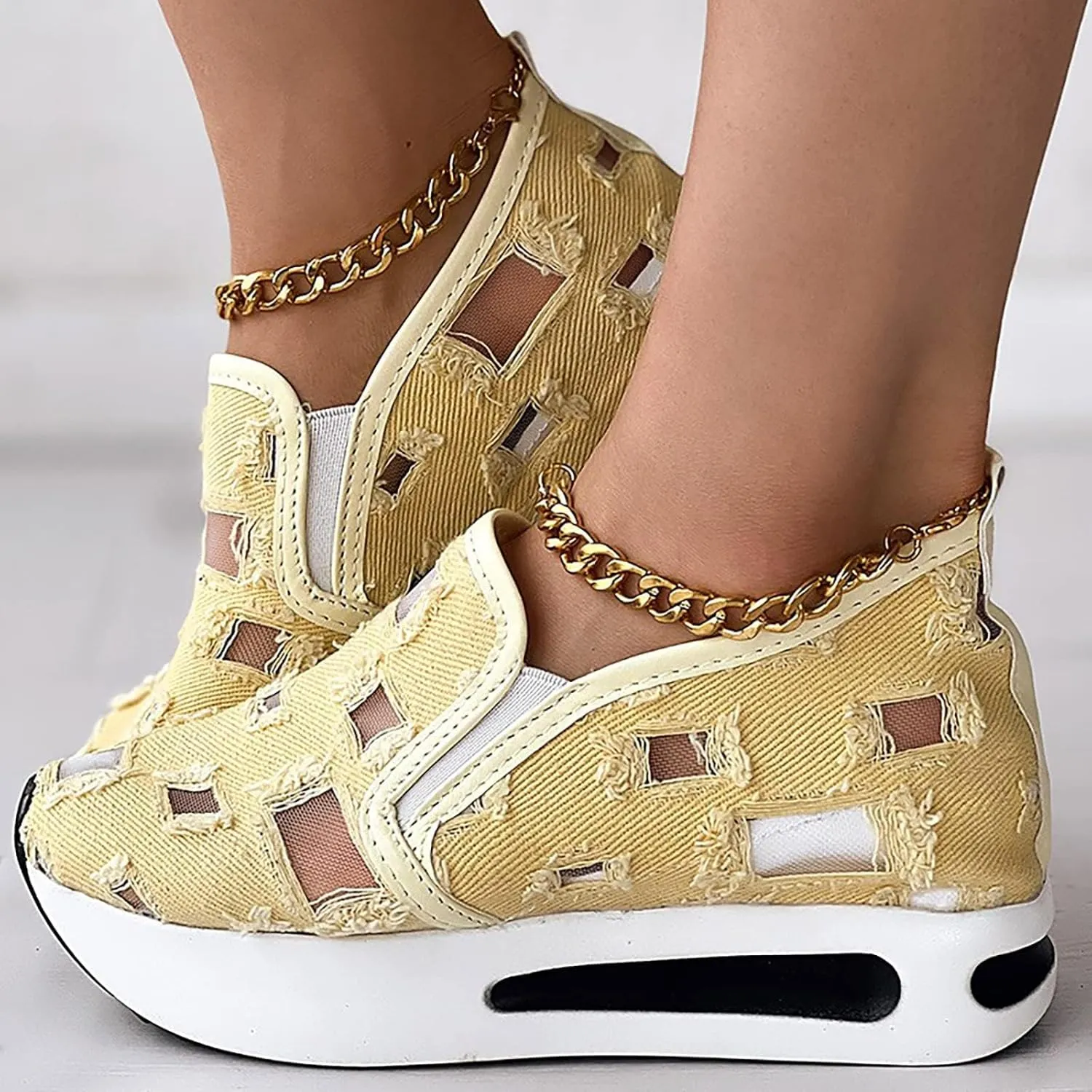 Women's Hollow Canvas Platform Loafers Mesh Slip On Walking Shoes Breathable Walking Work Shoes with Arch Support Non-Slip Wedge Casual Shoe