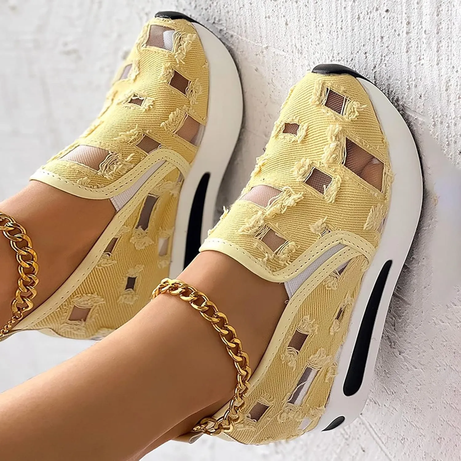 Women's Hollow Canvas Platform Loafers Mesh Slip On Walking Shoes Breathable Walking Work Shoes with Arch Support Non-Slip Wedge Casual Shoe