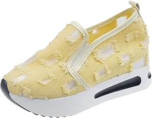 Women's Hollow Canvas Platform Loafers Mesh Slip On Walking Shoes Breathable Walking Work Shoes with Arch Support Non-Slip Wedge Casual Shoe