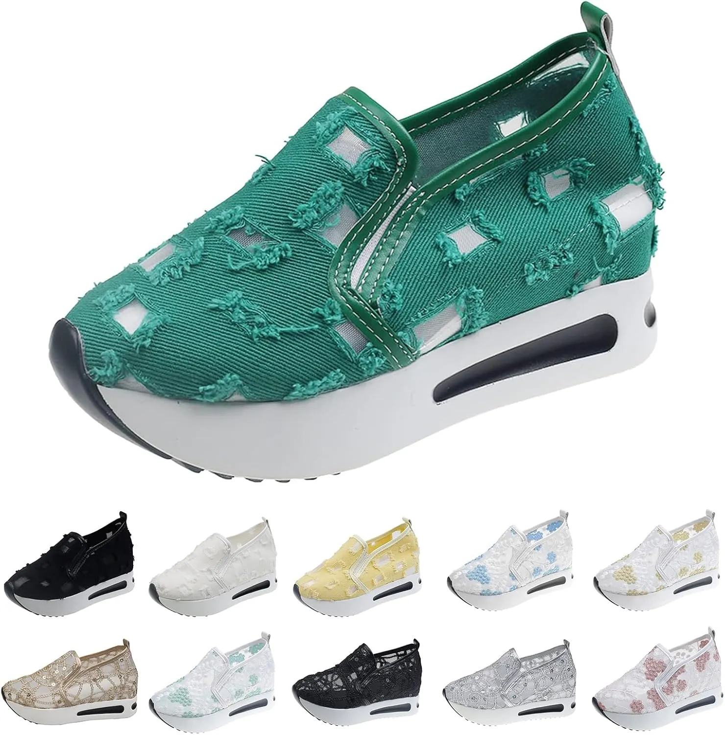 Women's Hollow Canvas Platform Loafers Mesh Slip On Walking Shoes Breathable Walking Work Shoes with Arch Support Non-Slip Wedge Casual Shoe